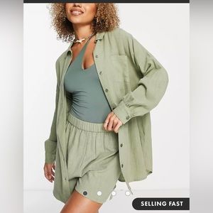 ASOS DESIGN textured button up beach shirt in green SIZE 22